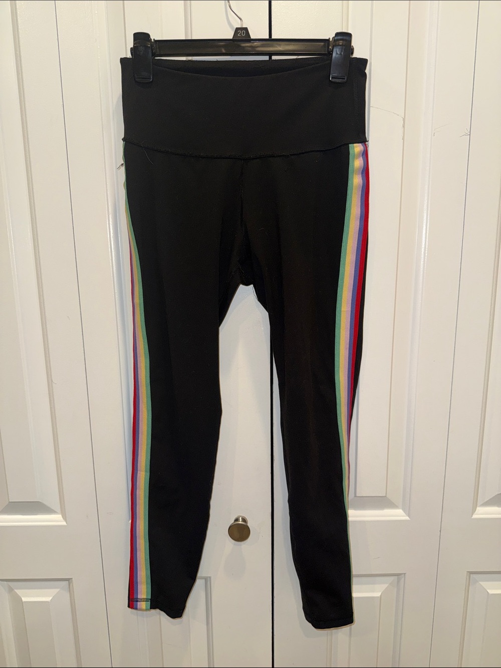 Girls Black Leggings with Rainbow Side Stripes